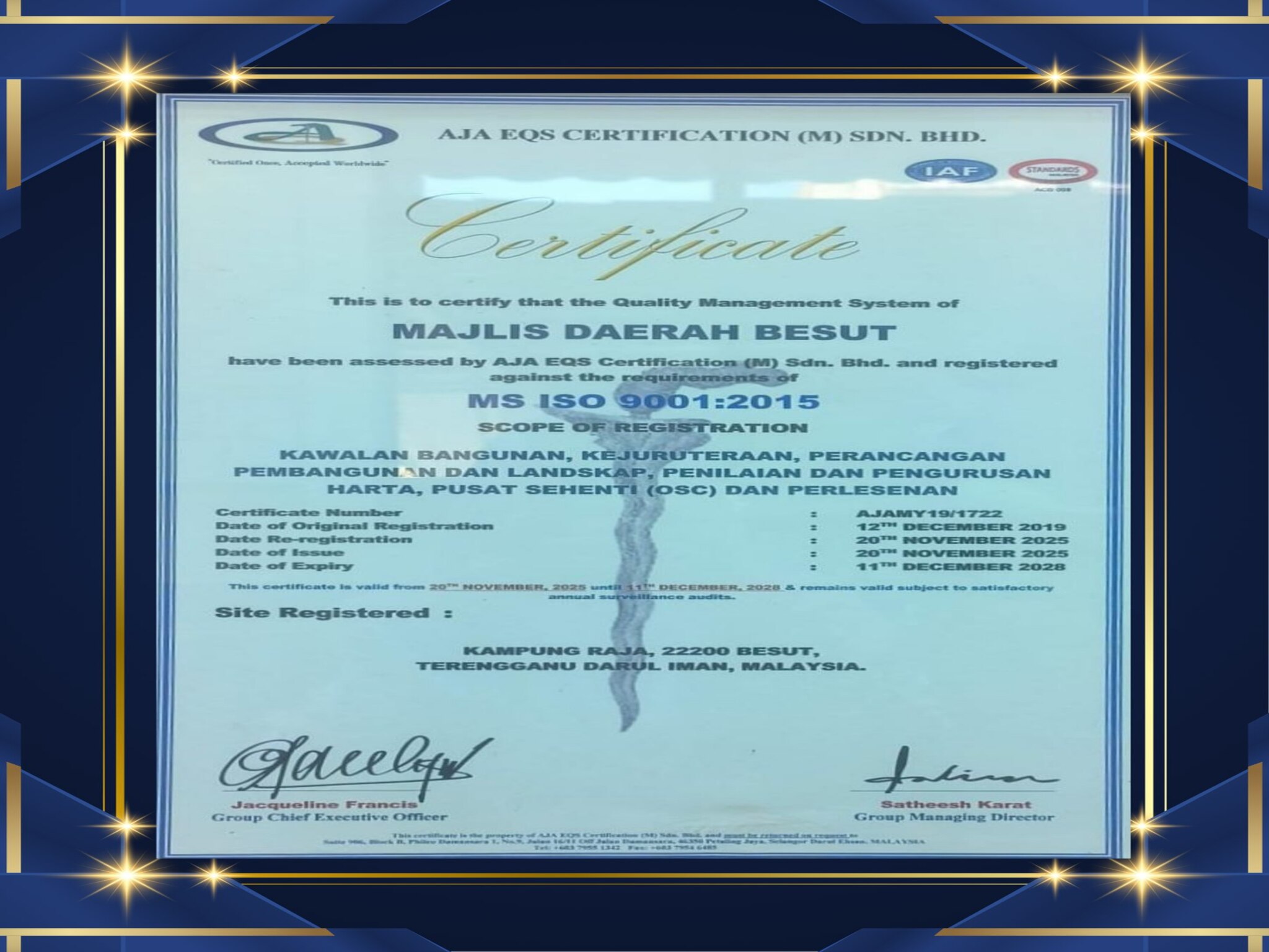 TAHNIAH DAN SYABAS KEPADA SELURUH WARGA KERJA MAJLIS DAERAH BESUT ATAS KEJAYAAN MEMPEROLEH PENSIJILAN SEMULA MS ISO 9001:2015